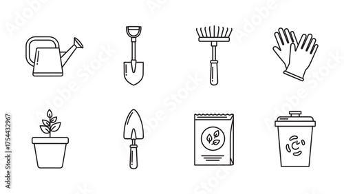 Black outline vector icons depicting gardening tools and items, including a watering can, shovel, rake, gloves, potted plant, hand trowel, seed packet, and compost bin.