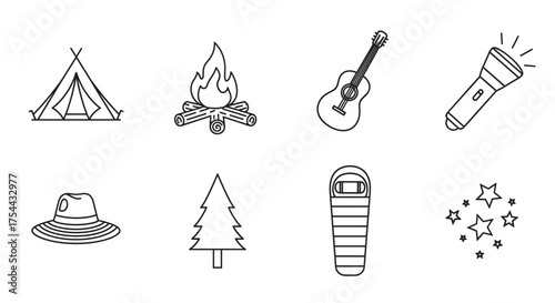 Black outline icons depicting camping essentials including a triangular tent, campfire, guitar, flashlight, wide-brimmed hat, pine tree, sleeping bag, and shining stars.
