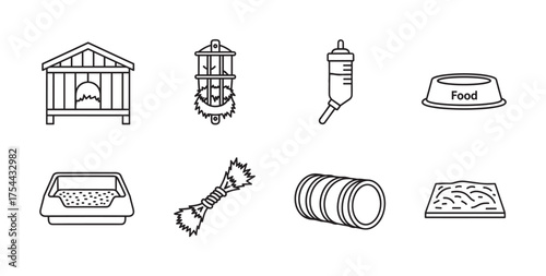 Black outline icons depicting various pet accessories, including a doghouse, leash, feeding bottle, food bowl, litter box, rope toy, chew toy, and pet bed.