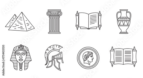 Black outline icons of historical symbols including pyramids, greek column, open book, amphora, pharaoh mask, roman helmet, ancient coin, and scroll.