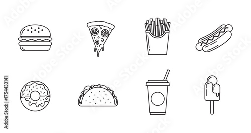 Black outline icons of popular fast food items including a burger, slice of pizza, fries, hot dog, donut, taco, drink, and ice cream on a white background.
