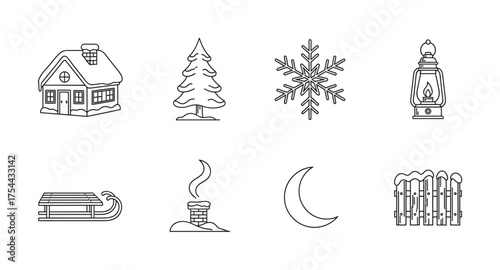Black outline winter-themed icons including a snowy house, pine tree, snowflake, lantern, sled, chimney with smoke, crescent moon, and picket fence.