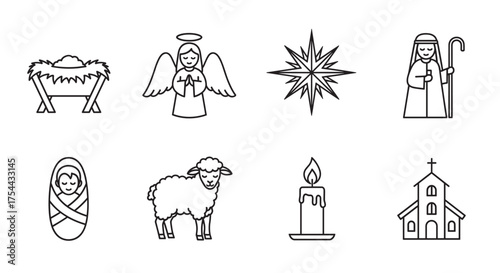 Eight black outline icons depicting nativity scenes, including a manger, angel, star, shepherd, baby, lamb, candle, and church.