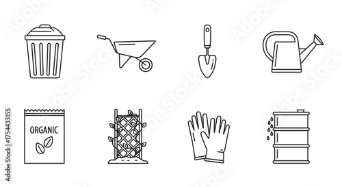 Black outline icons of gardening tools including trash can, wheelbarrow, trowel, watering can, organic fertilizer bag, plant trellis, gloves, and water barrel.