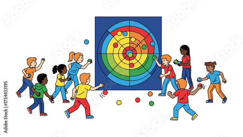 Kids playing Target Game: A group of children plays a colorful target game. The game is an engaging activity for fun and friendly competition.