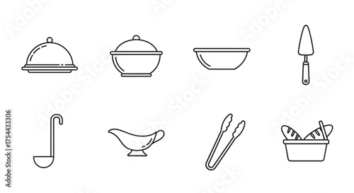 Black outline icons of kitchenware items including a cloche, pot, bowl, pie server, ladle, gravy boat, tongs, and a basket with baguettes.