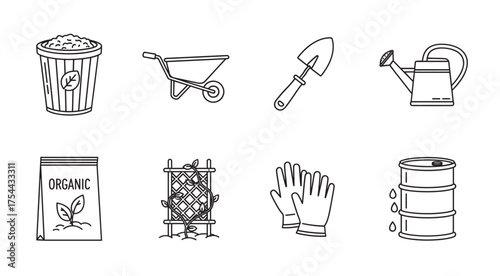 Black and white gardening icons featuring a compost bin, wheelbarrow, trowel, watering can, organic fertilizer bag, trellis, gloves, and rain barrel.