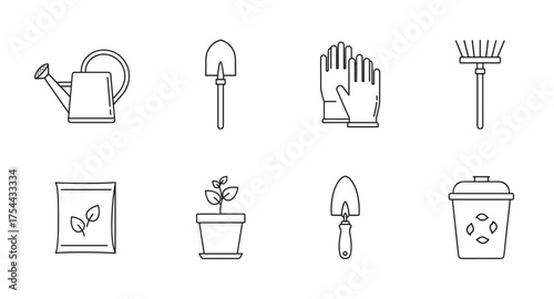 Simple black outline icons of gardening tools including a watering can, trowel, gloves, rake, plant, soil bag, and compost bin, arranged in a neat grid.