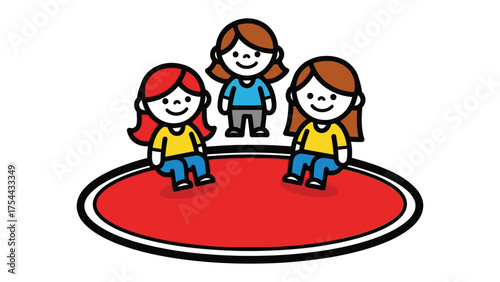 Playful Trio: A vibrant illustration showcases three cheerful figures, each with beaming smiles, engaged in a delightful moment of togetherness and joy. The trio, bathed in bright colors.