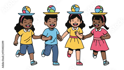 Joyful Balancing Act: A group of children, linked in a bond of shared laughter and glee, playfully balance balls on plates atop their heads, embodying the spirit of teamwork.