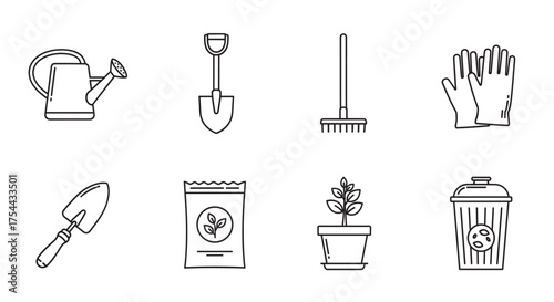 Black outline vector icons of gardening tools including a watering can, shovel, rake, gloves, hand trowel, seed packet, potted plant, and compost bin.
