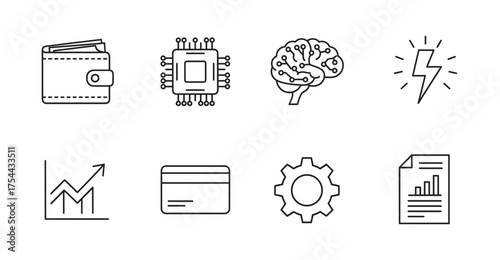Eight simple black outline icons representing a wallet, microchip, brain, lightning bolt, graph, credit card, gear, and document with a chart.