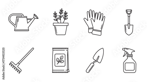 Black outline vector icons of gardening tools including a watering can, potted plant, gloves, shovel, rake, seed packet, trowel, and spray bottle.