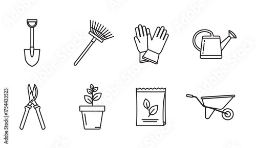 Black outline icons of various gardening tools including a shovel, rake, gloves, watering can, shears, potted plant, seed packet, and wheelbarrow.