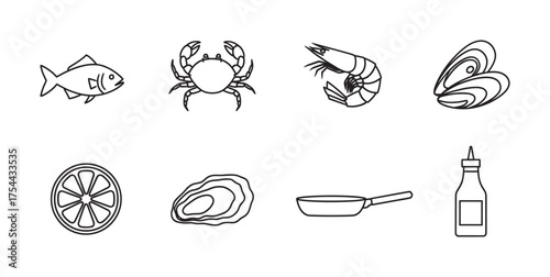 Black outline icons of seafood and kitchen items including fish, crab, shrimp, mussel, lemon slice, oyster, frying pan, and a condiment bottle.