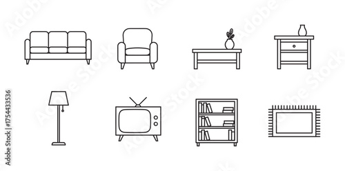 Minimalist black outline vector icons of household furniture and electronics, including a sofa, armchair, coffee table, nightstand, floor lamp, television, bookshelf, and rug.