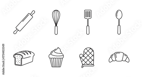 Black outline icons depicting cooking utensils and baked goods, including a rolling pin, whisk, spatula, spoon, loaf of bread, cupcake, oven mitt, and croissant.