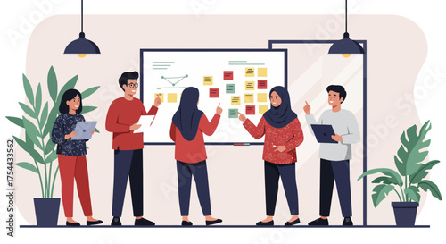 Asian team discuss project plan in an office with a whiteboard and post it notes.