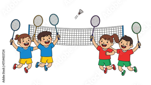 Badminton Fun: Illustrative depiction of four children enthusiastically participating in a badminton game, celebrating the joy of sport, camaraderie, and teamwork