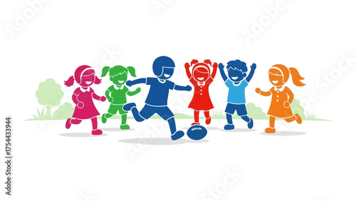 Playful Soccer: Vibrant silhouettes of children engage in a spirited soccer game, capturing the essence of youthful energy, competition, and the thrill of teamwork.