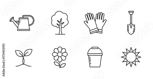 Set of black outline garden icons including watering can, tree, gardening gloves, trowel, seedling, flower, bucket, and sun, ideal for horticultural themes.