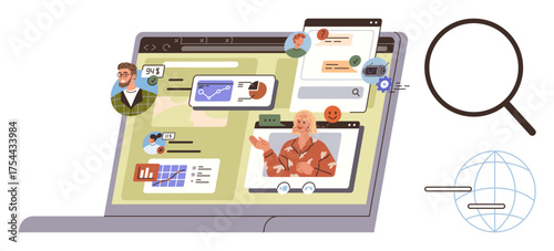 Laptop interface with video calls, analytics, user profiles, search magnifier, and global network elements. Ideal for collaboration, digital meetings, remote work, networking data analysis
