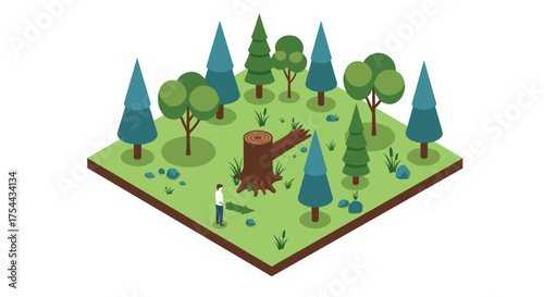 Isometric forest with trees and stump featuring a person in minimalist design