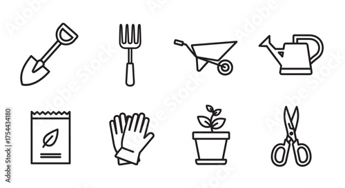 Black outline icons depicting various gardening tools including a shovel, fork, wheelbarrow, watering can, seed packet, gloves, potted plant, and pruning shears.