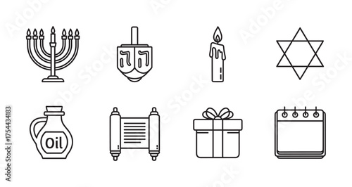 Black outline icons depicting a menorah, dreidel, candle, star of david, oil bottle, scroll, gift box, and a kislev calendar illustrating hanukkah symbols.