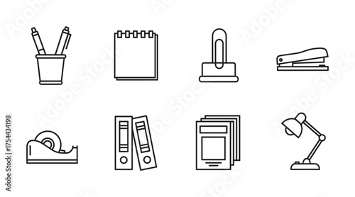 Black outline vector icons of office supplies including pens, notepad, puncher, stapler, tape dispenser, binders, papers, and a desk lamp.