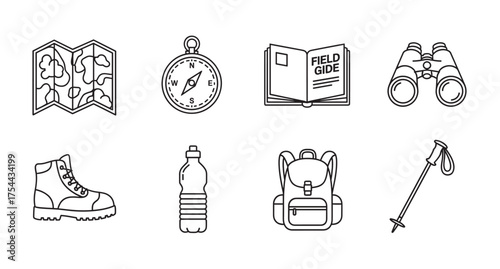 Black outline vector icons of essential hiking gear, including a map, compass, guidebook, binoculars, boot, water bottle, backpack, and trekking pole.