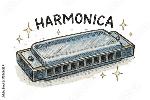 Sparkling Silver Harmonica. Hand-drawn harmonica in silver and blue with glowing sparkles, center word “Harmonica”, isolated