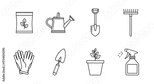 Set of black outline gardening tools, including a watering can, shovel, rake, gloves, hand spade, plant pot, and spray bottle, depicted in a simple linear style.