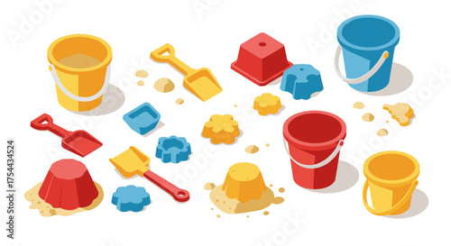 Colorful isometric sandbox toys set with buckets and shovels for kids' playtime fun
