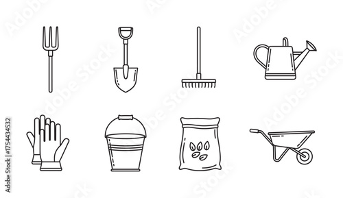 Black outline icons of six essential gardening tools including a pitchfork, shovel, rake, watering can, gloves, bucket, seed bag, and a wheelbarrow.