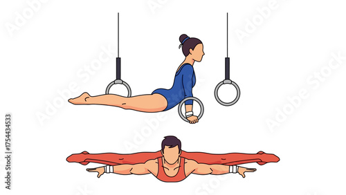 Gymnasts in Action: Capture the athleticism and grace of gymnasts performing on the rings, showcasing their strength and skill.