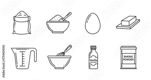 Black outline icons of a flour sack, bowl with a spoon, egg, butter block, measuring cup, bowl with whisk, vanilla extract, and baking powder.