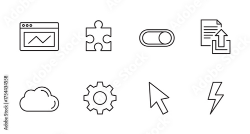 Eight black outline icons depicting various digital and technological concepts, including a graph, puzzle piece, toggle switch, document upload, cloud, gear, cursor, and lightning bolt.