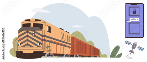 Freight train moving on tracks beside foliage with a digital lock, satellite sending signals. Ideal for transportation, logistics, technology, security, remote control, innovation connectivity. A