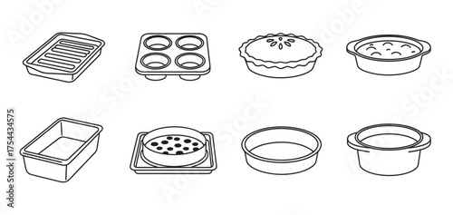 Black outline vector icons of various bakeware, including pans, muffin trays, and pie dishes, each with distinct shapes and designs.