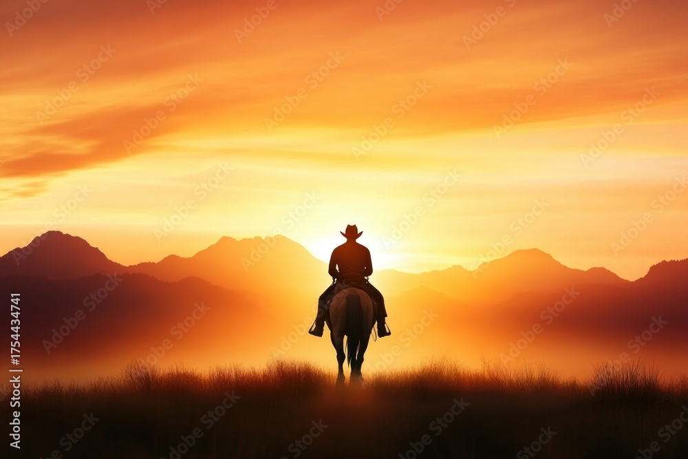 Fototapeta premium Cowboy riding into sunset in majestic mountain landscape scene