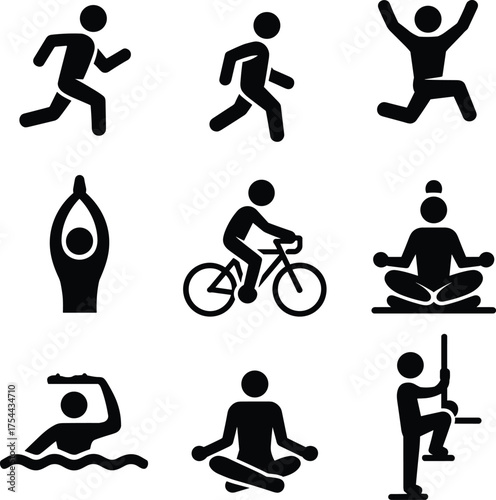 Collection of fitness and yoga activity icons showing running, cycling, swimming, meditation, stretching, and exercise poses for health and wellness