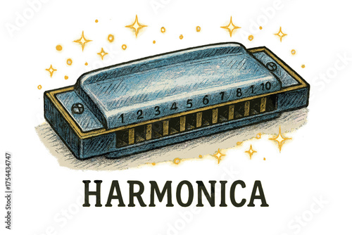 Sparkling Silver Harmonica. Hand-drawn harmonica in silver and blue with glowing sparkles, center word “Harmonica”, isolated