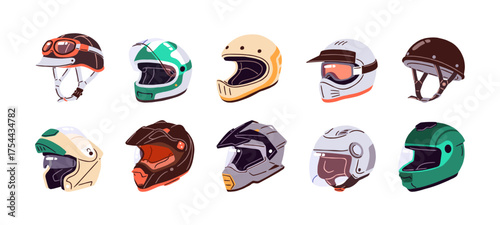 Set of different types of motorcycle helmets: full face, modular, half, offroad, and sport. Protective equipment for motor racers, riders. Bikers' safety. Flat isolated vector illustrations on white
