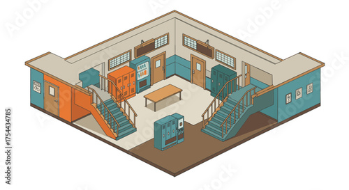 Isometric bookshelves with books and decor: trio of organized office furniture