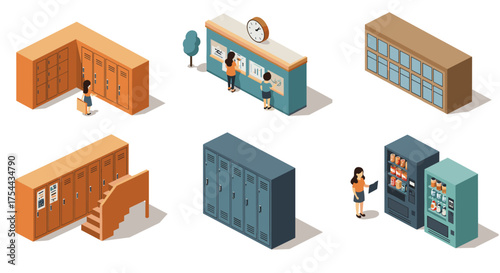 Isometric bookshelves with plants and office supplies