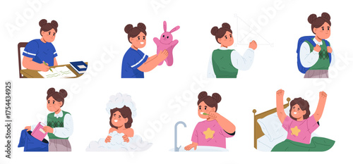 Lifestyle of kid girl, schoolgirl waking up and brushing teeth. Vector in flat style, going to school and participating in lessons, playing with plush toy and doing homework, having bubble bath