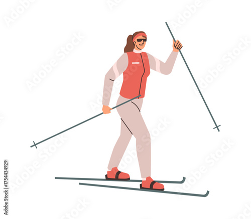 Winter sports and leisure, isolated female character with skiing gear and equipment working out. Vector woman in uniform riding down slopes, ski recreation on resort or vacation, active lifestyle