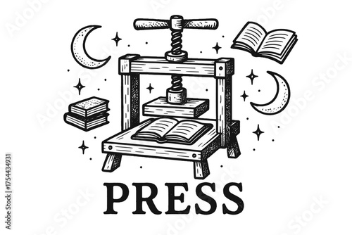 Celestial Printing Press. Hand-drawn printing press with moons, books, and sparkles, center word “Press” in black and white