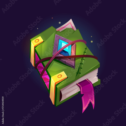 Locked witch grimoire with crystal or gem, bookmark and torn cover. Vector isolated glowing magic book of wizard or occult personage in game. Ancient manuscript, fantasy knowledge in handbook